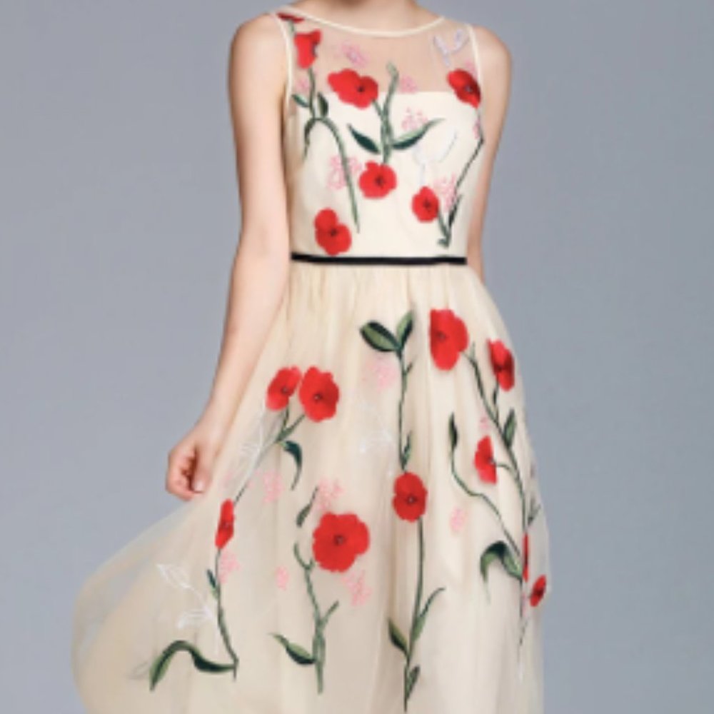 "Metisu" Elegant Poppy Tulle Midi Dress Brand New